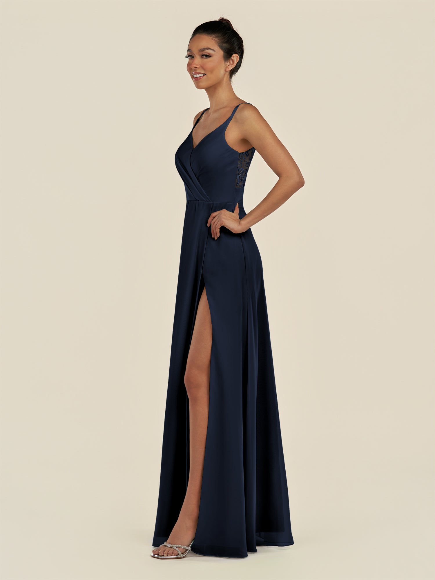 KissDress-Zyria Dark Navy A Line Chiffon V Neck Ruched Long Bridesmaid Dress with Slit