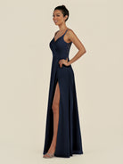 KissDress-Zyria Dark Navy A Line Chiffon V Neck Ruched Long Bridesmaid Dress with Slit
