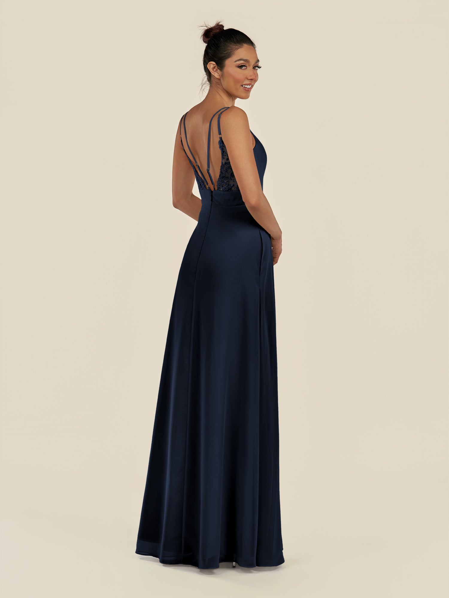 KissDress-Zyria Dark Navy A Line Chiffon V Neck Ruched Long Bridesmaid Dress with Slit