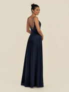 KissDress-Zyria Dark Navy A Line Chiffon V Neck Ruched Long Bridesmaid Dress with Slit