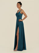 KissDress-Zyria Dark Teal A Line Chiffon V Neck Ruched Long Bridesmaid Dress with Slit
