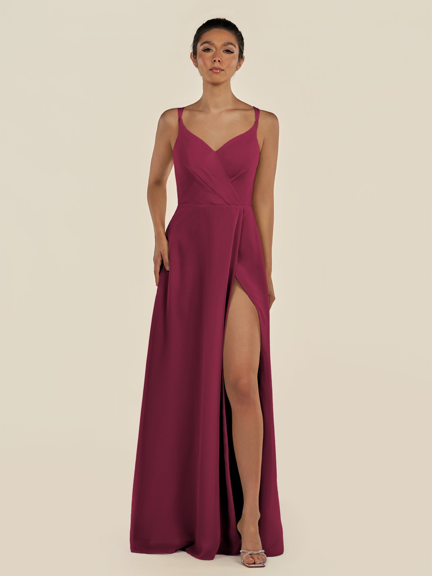 KissDress-Zyria Desert Rose A Line Chiffon V Neck Ruched Long Bridesmaid Dress with Slit