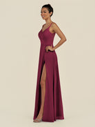 KissDress-Zyria Desert Rose A Line Chiffon V Neck Ruched Long Bridesmaid Dress with Slit