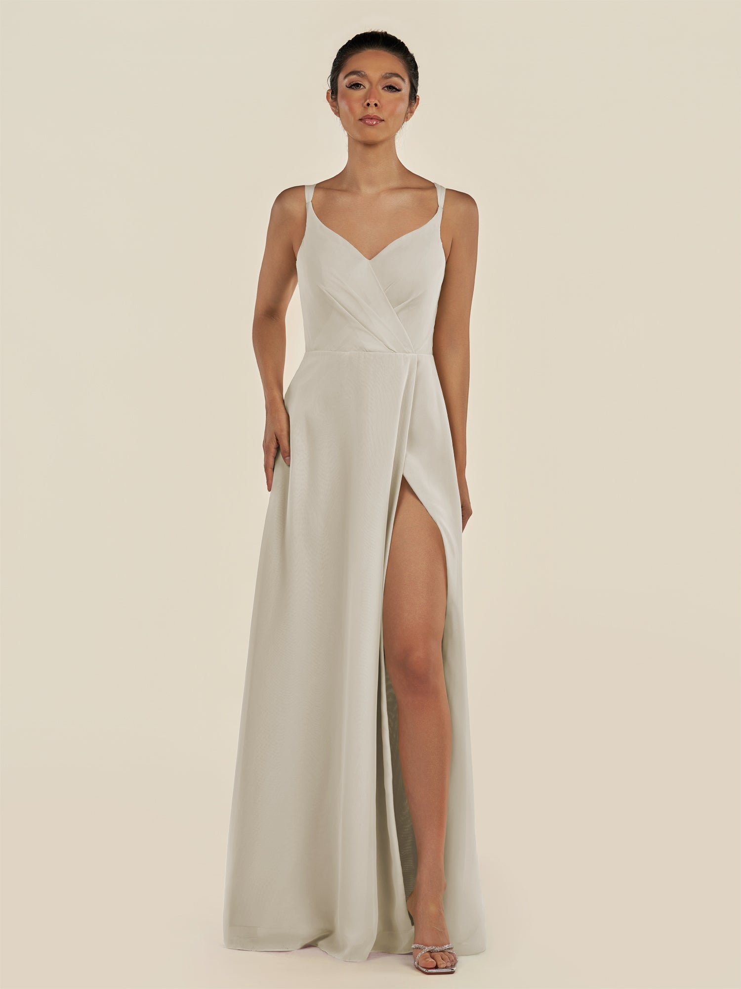 KissDress-Zyria Dove Gray A Line Chiffon V Neck Ruched Long Bridesmaid Dress with Slit