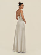 KissDress-Zyria Dove Gray A Line Chiffon V Neck Ruched Long Bridesmaid Dress with Slit