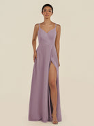 KissDress-Zyria Dusk A Line Chiffon V Neck Ruched Long Bridesmaid Dress with Slit