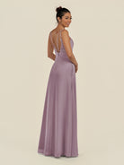 KissDress-Zyria Dusk A Line Chiffon V Neck Ruched Long Bridesmaid Dress with Slit