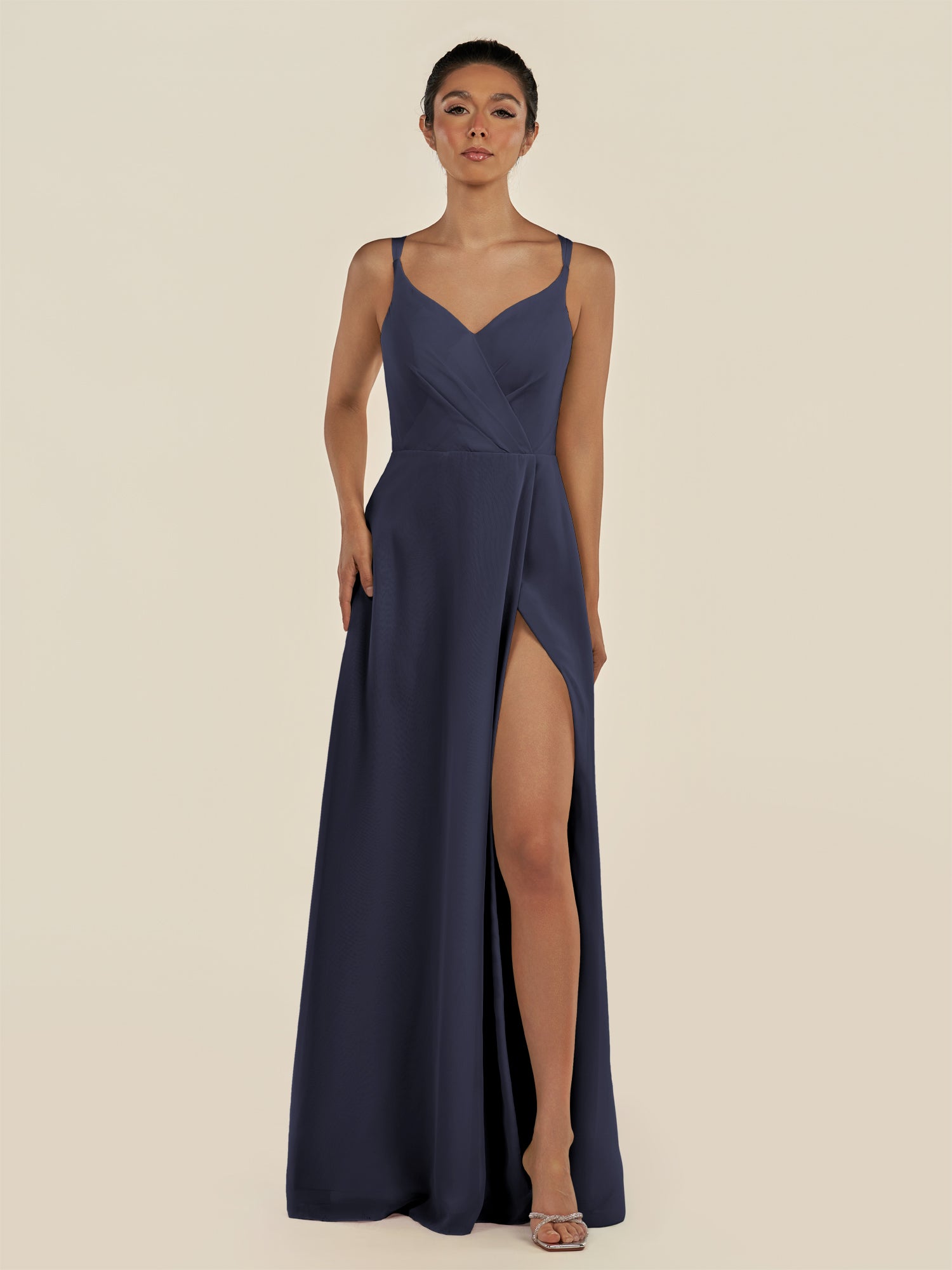 KissDress-Zyria Dusk Blue A Line Chiffon V Neck Ruched Long Bridesmaid Dress with Slit