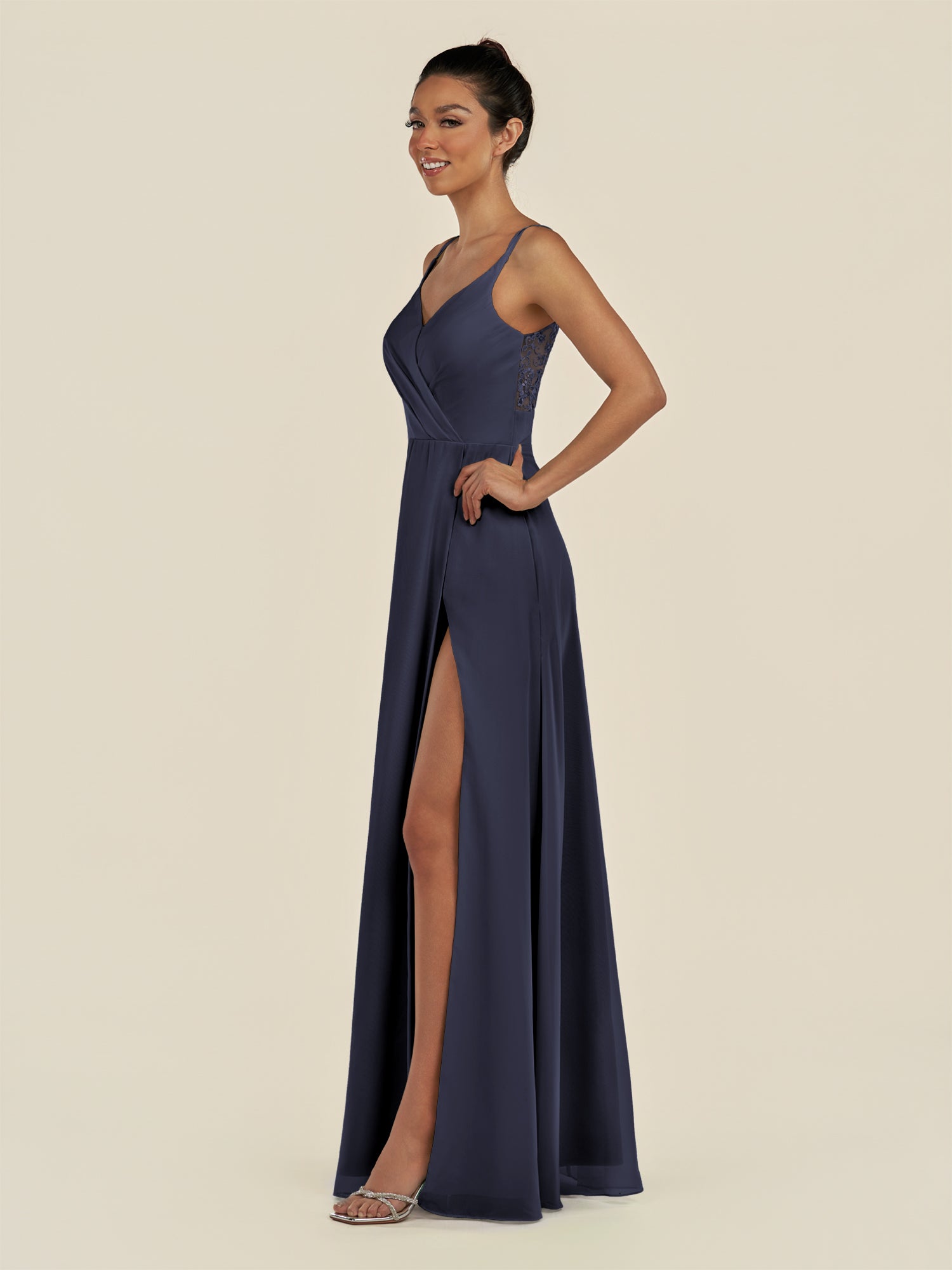 KissDress-Zyria Dusk Blue A Line Chiffon V Neck Ruched Long Bridesmaid Dress with Slit