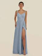 KissDress-Zyria Dusty Blue A Line Chiffon V Neck Ruched Long Bridesmaid Dress with Slit