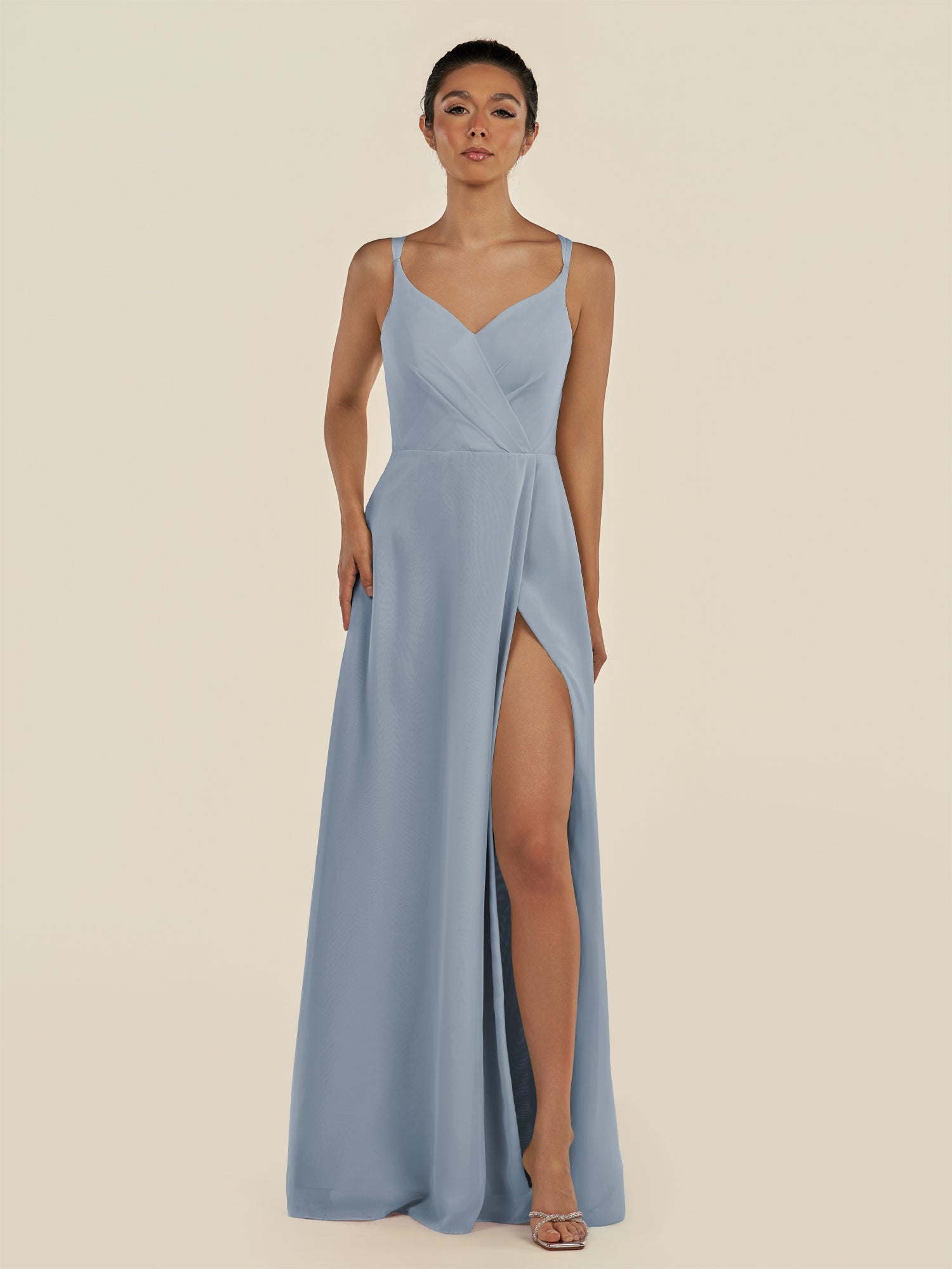 KissDress-Zyria Dusty Blue A Line Chiffon V Neck Ruched Long Bridesmaid Dress with Slit