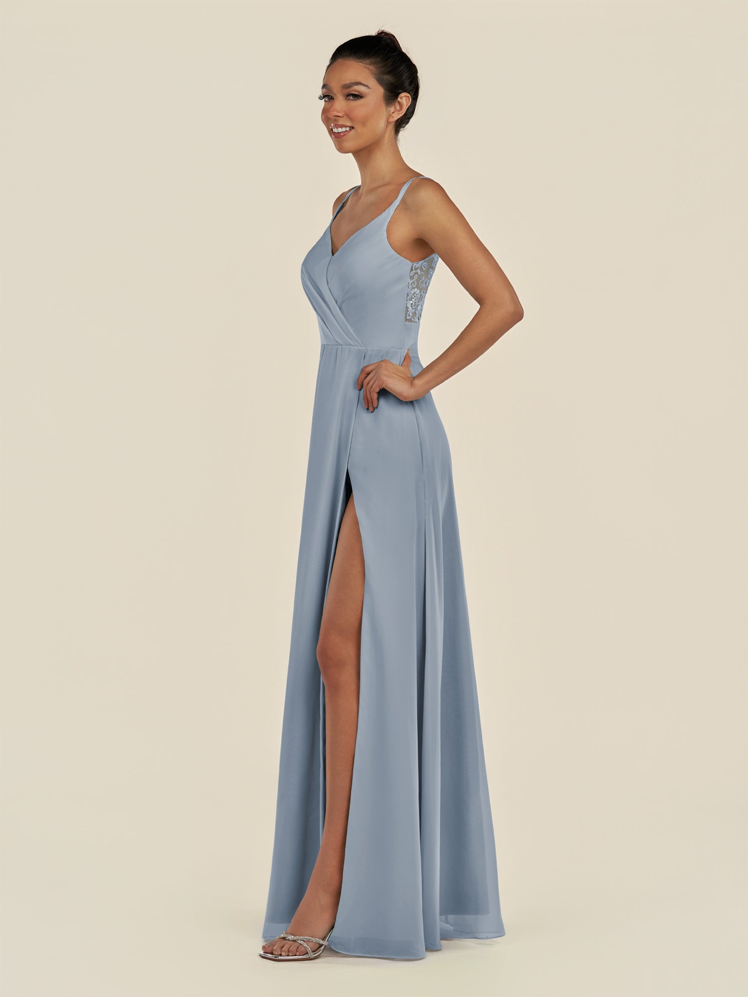KissDress-Zyria Dusty Blue A Line Chiffon V Neck Ruched Long Bridesmaid Dress with Slit
