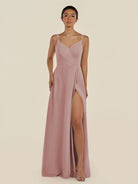 KissDress-Zyria Dusty Rose A Line Chiffon V Neck Ruched Long Bridesmaid Dress with Slit