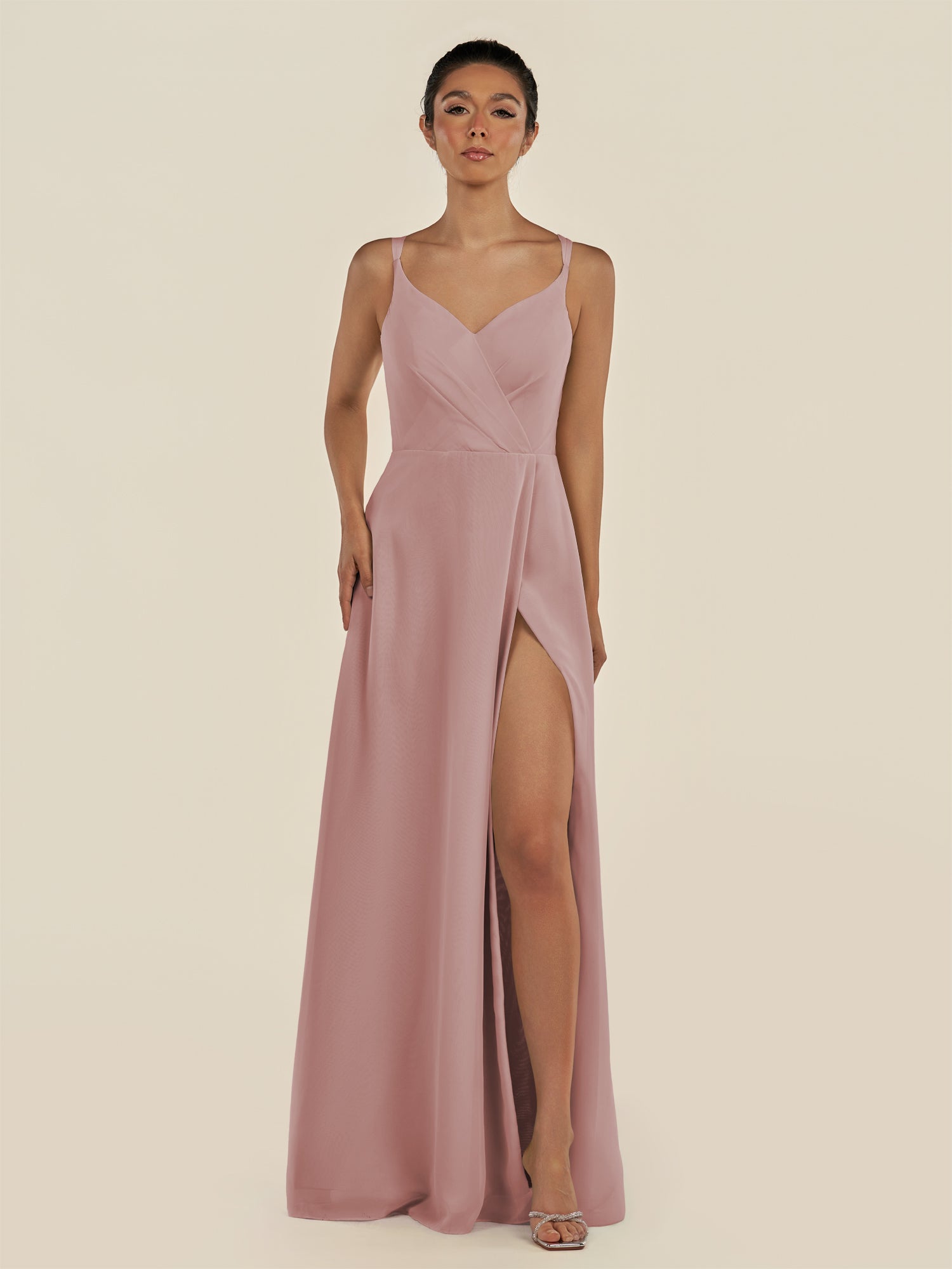 KissDress-Zyria Dusty Rose A Line Chiffon V Neck Ruched Long Bridesmaid Dress with Slit