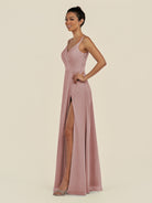 KissDress-Zyria Dusty Rose A Line Chiffon V Neck Ruched Long Bridesmaid Dress with Slit