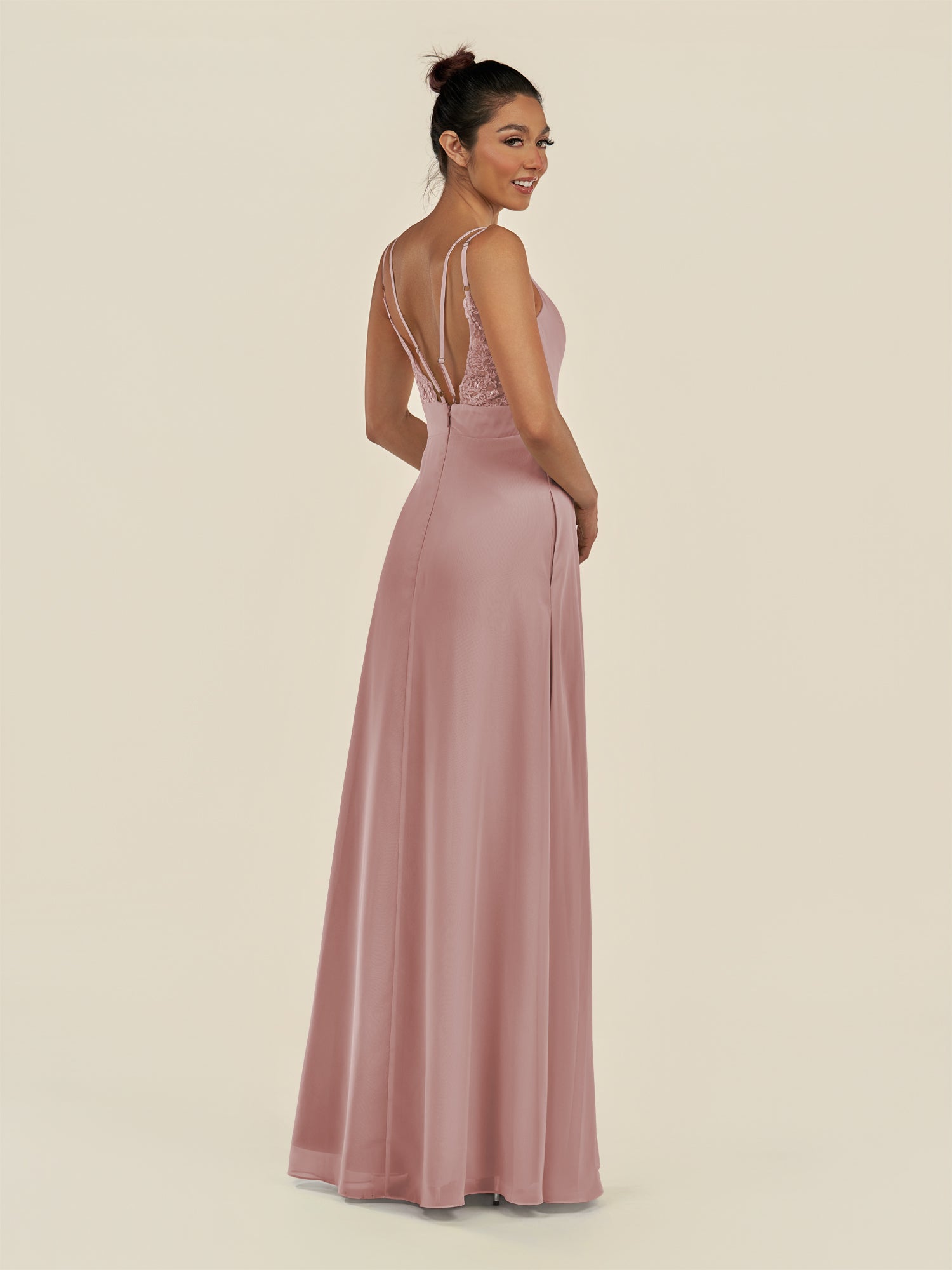 KissDress-Zyria Dusty Rose A Line Chiffon V Neck Ruched Long Bridesmaid Dress with Slit