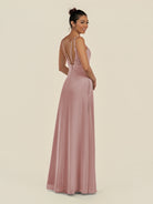 KissDress-Zyria Dusty Rose A Line Chiffon V Neck Ruched Long Bridesmaid Dress with Slit