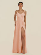 KissDress-Zyria English Rose A Line Chiffon V Neck Ruched Long Bridesmaid Dress with Slit
