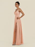 KissDress-Zyria English Rose A Line Chiffon V Neck Ruched Long Bridesmaid Dress with Slit
