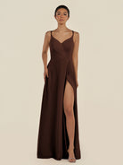 KissDress-Zyria Espresso A Line Chiffon V Neck Ruched Long Bridesmaid Dress with Slit