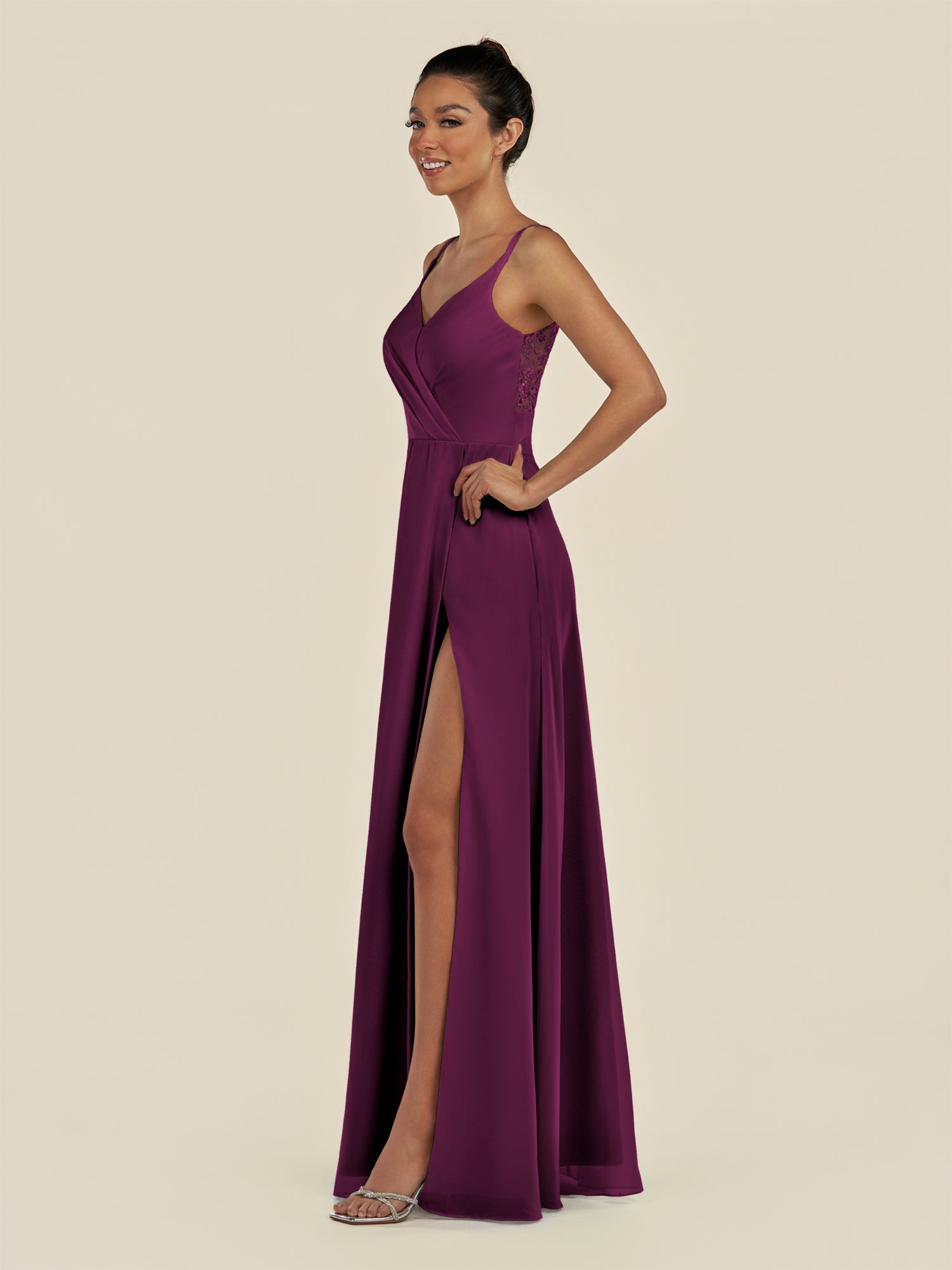 KissDress-Zyria Fig A Line Chiffon V Neck Ruched Long Bridesmaid Dress with Slit