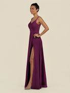 KissDress-Zyria Fig A Line Chiffon V Neck Ruched Long Bridesmaid Dress with Slit