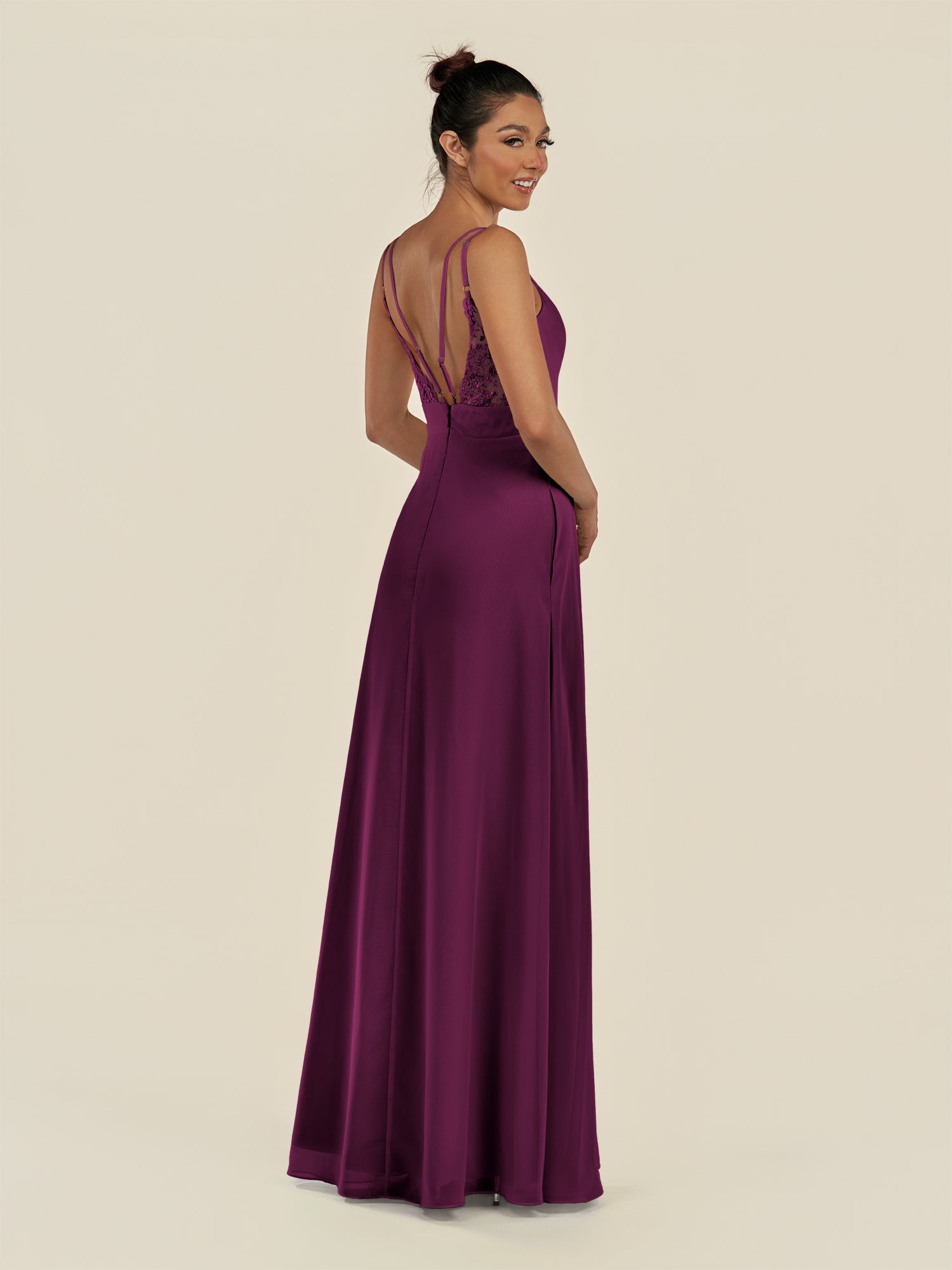 KissDress-Zyria Fig A Line Chiffon V Neck Ruched Long Bridesmaid Dress with Slit