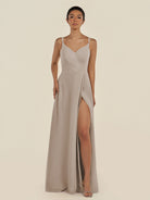 KissDress-Zyria Frost A Line Chiffon V Neck Ruched Long Bridesmaid Dress with Slit