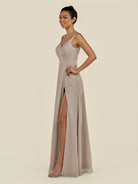 KissDress-Zyria Frost A Line Chiffon V Neck Ruched Long Bridesmaid Dress with Slit