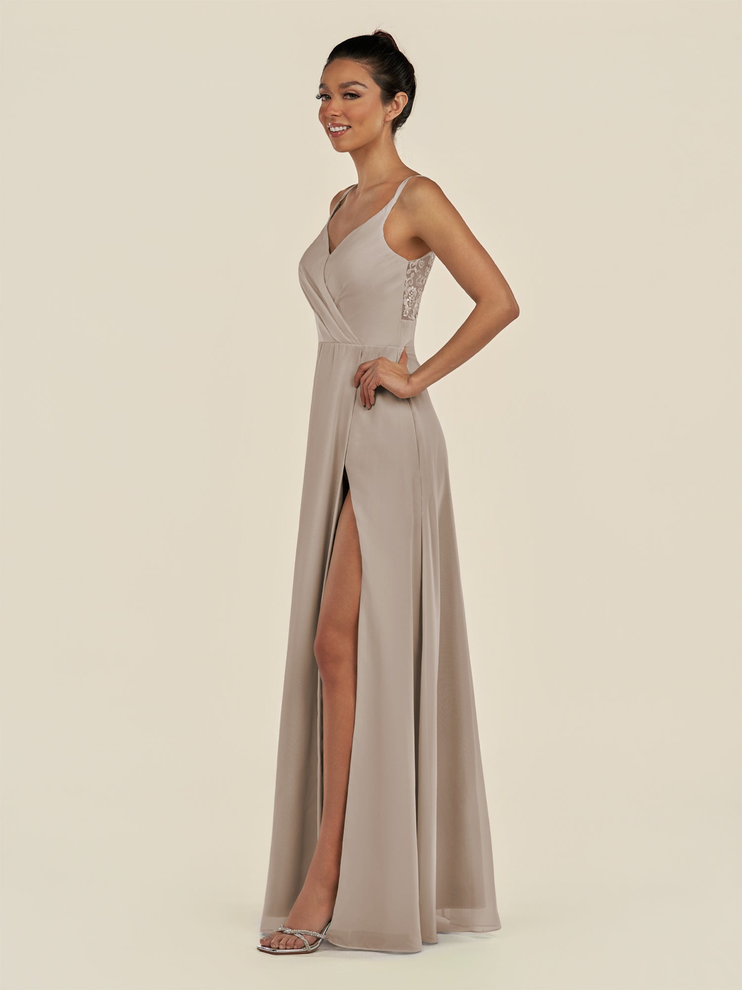 KissDress-Zyria Frost A Line Chiffon V Neck Ruched Long Bridesmaid Dress with Slit