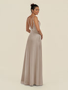 KissDress-Zyria Frost A Line Chiffon V Neck Ruched Long Bridesmaid Dress with Slit