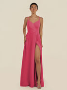 KissDress-Zyria Fuchsia A Line Chiffon V Neck Ruched Long Bridesmaid Dress with Slit
