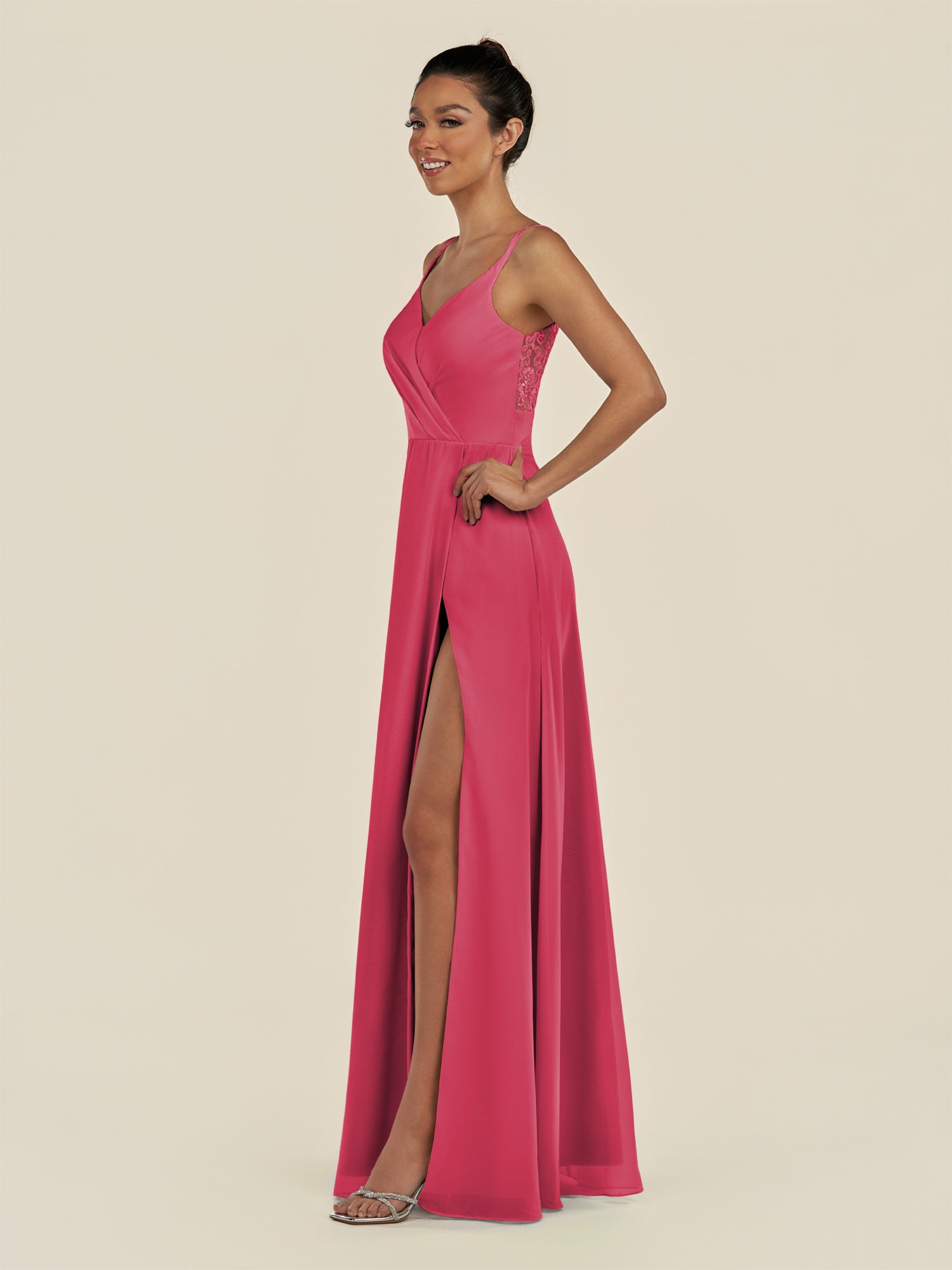 KissDress-Zyria Fuchsia A Line Chiffon V Neck Ruched Long Bridesmaid Dress with Slit