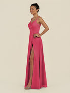 KissDress-Zyria Fuchsia A Line Chiffon V Neck Ruched Long Bridesmaid Dress with Slit