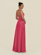 KissDress-Zyria Fuchsia A Line Chiffon V Neck Ruched Long Bridesmaid Dress with Slit