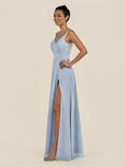 KissDress-Zyria Ice A Line Chiffon V Neck Ruched Long Bridesmaid Dress with Slit