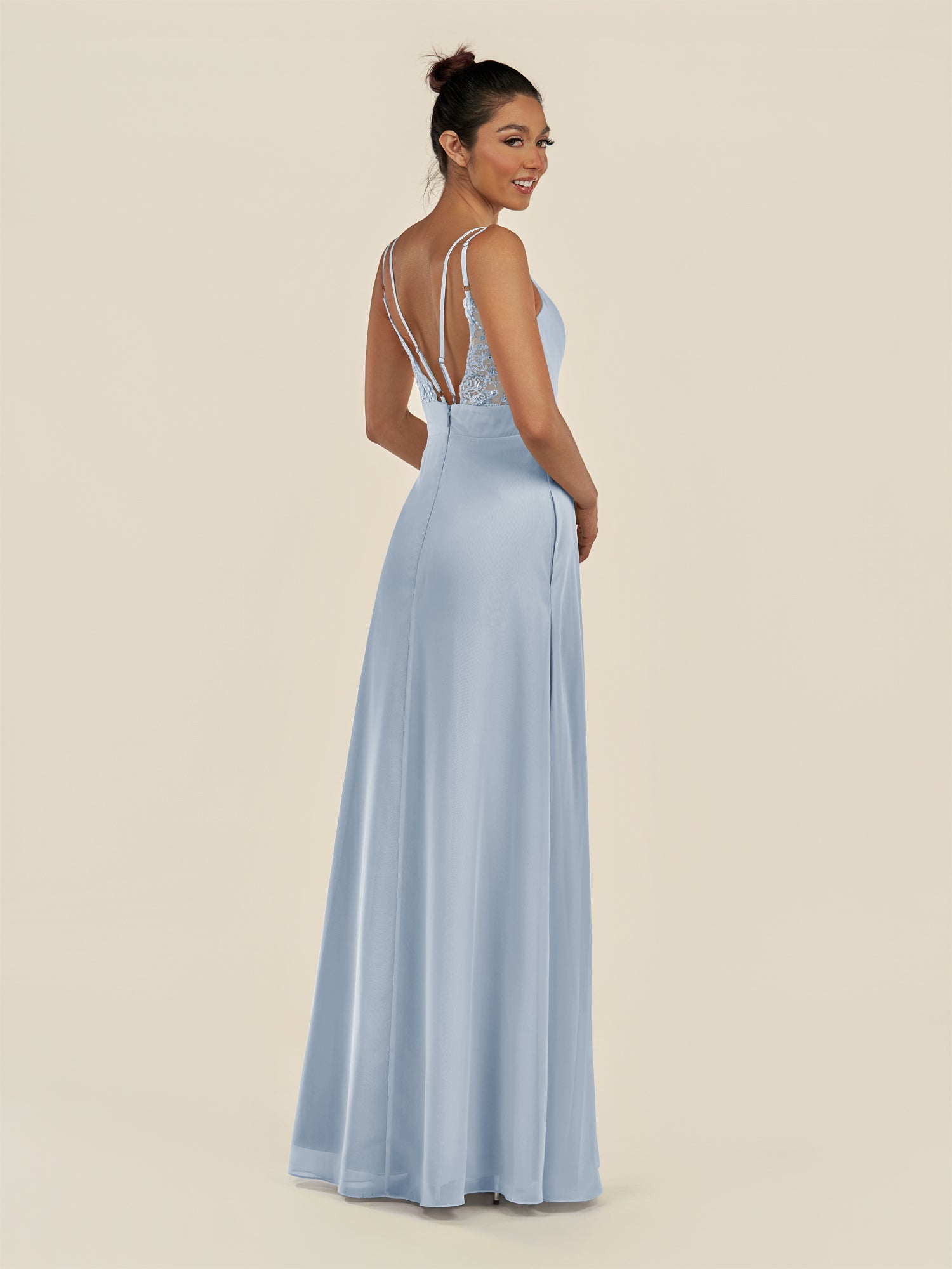 KissDress-Zyria Ice A Line Chiffon V Neck Ruched Long Bridesmaid Dress with Slit