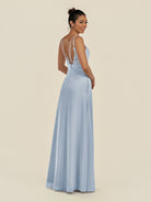KissDress-Zyria Ice A Line Chiffon V Neck Ruched Long Bridesmaid Dress with Slit