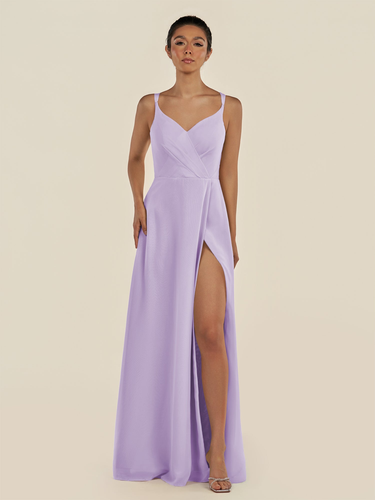 KissDress-Zyria Lavender A Line Chiffon V Neck Ruched Long Bridesmaid Dress with Slit