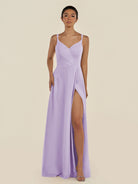 KissDress-Zyria Lavender A Line Chiffon V Neck Ruched Long Bridesmaid Dress with Slit