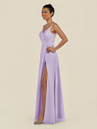 KissDress-Zyria Lavender A Line Chiffon V Neck Ruched Long Bridesmaid Dress with Slit