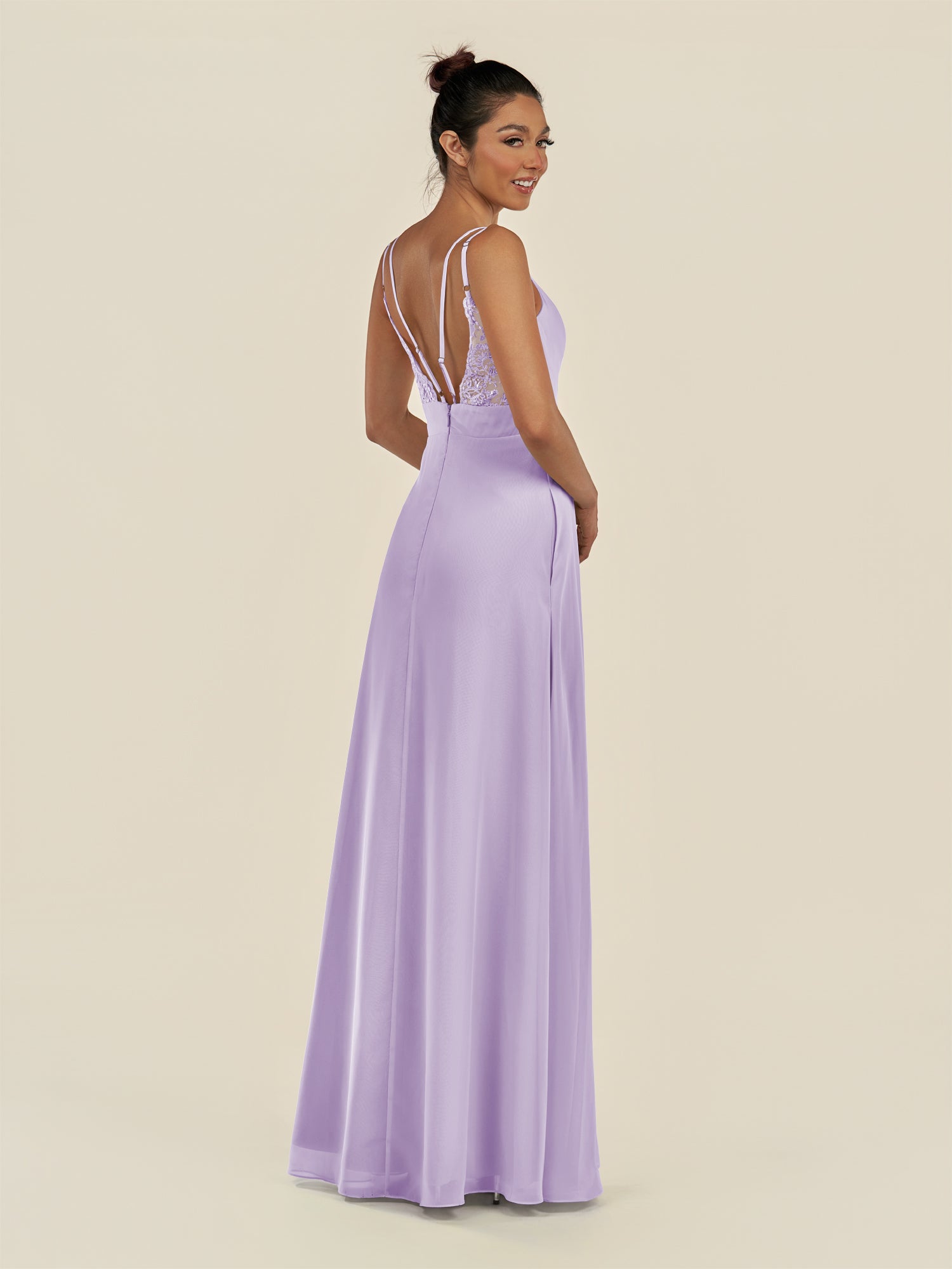 KissDress-Zyria Lavender A Line Chiffon V Neck Ruched Long Bridesmaid Dress with Slit