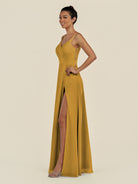 KissDress-Zyria Marigold A Line Chiffon V Neck Ruched Long Bridesmaid Dress with Slit