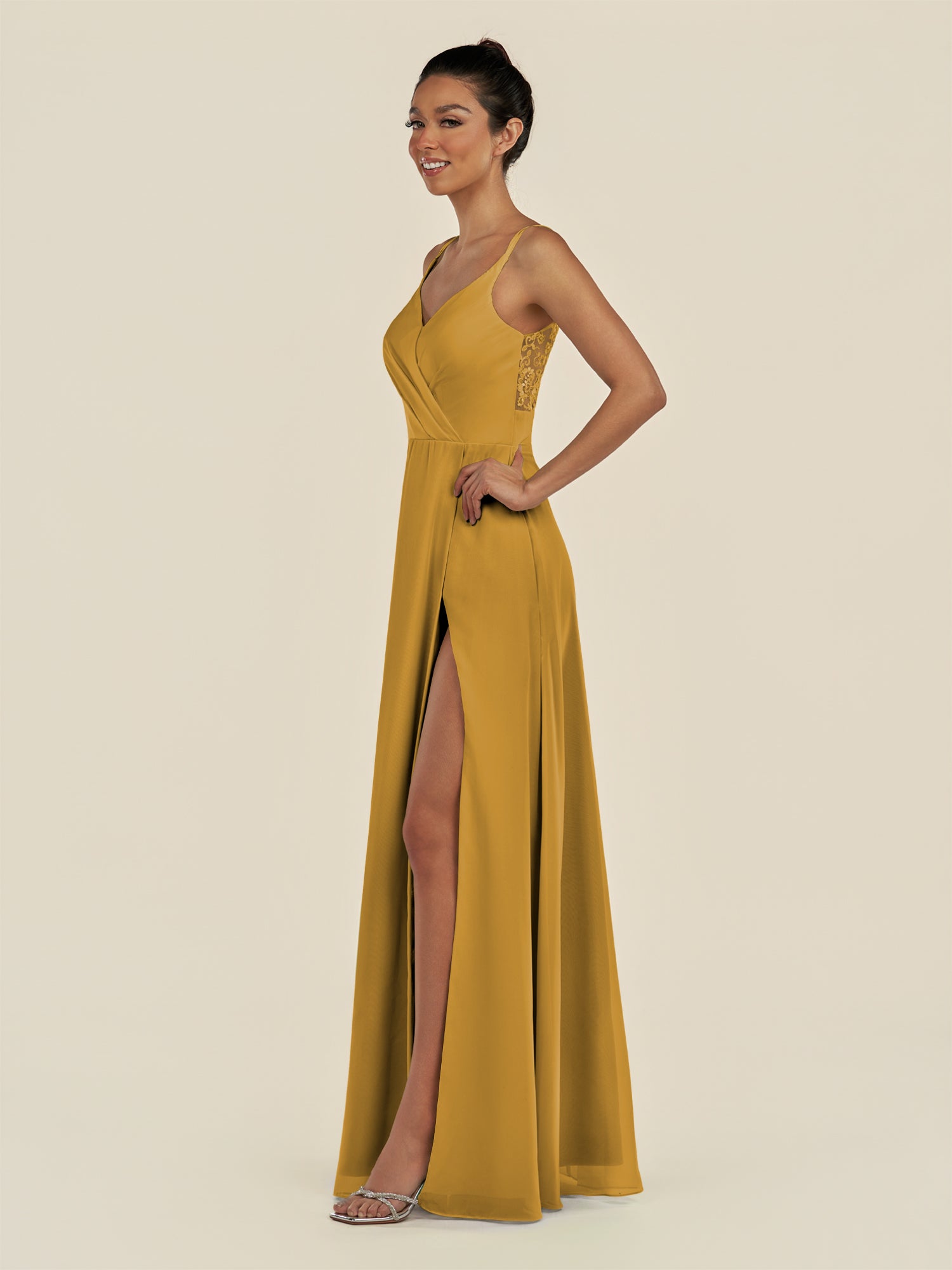 KissDress-Zyria Marigold A Line Chiffon V Neck Ruched Long Bridesmaid Dress with Slit