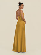 KissDress-Zyria Marigold A Line Chiffon V Neck Ruched Long Bridesmaid Dress with Slit