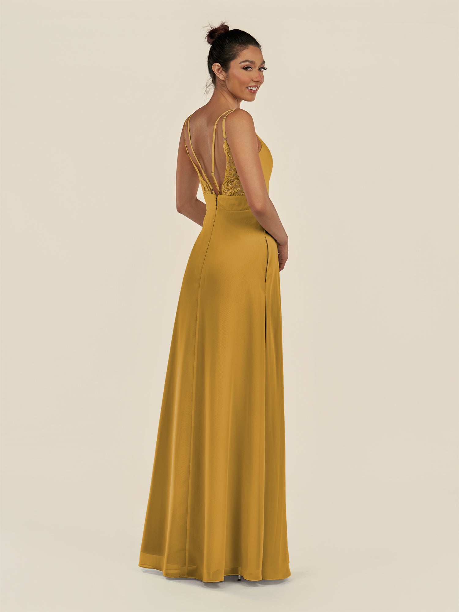 KissDress-Zyria Marigold A Line Chiffon V Neck Ruched Long Bridesmaid Dress with Slit