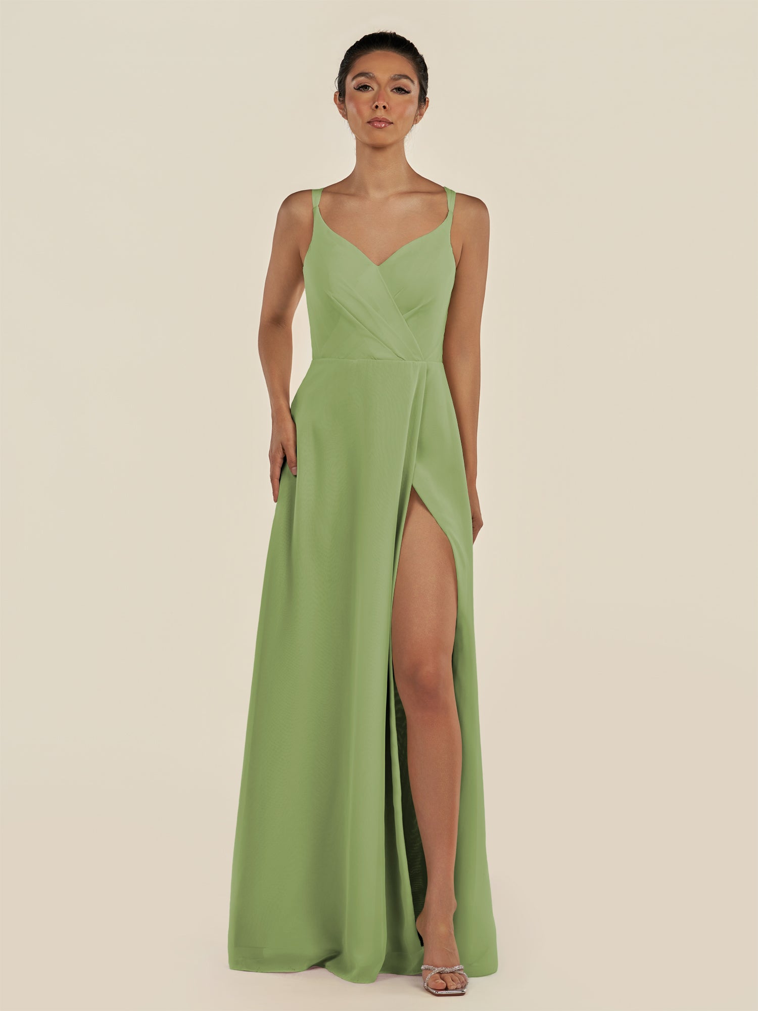 KissDress-Zyria Matcha A Line Chiffon V Neck Ruched Long Bridesmaid Dress with Slit