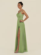 KissDress-Zyria Matcha A Line Chiffon V Neck Ruched Long Bridesmaid Dress with Slit