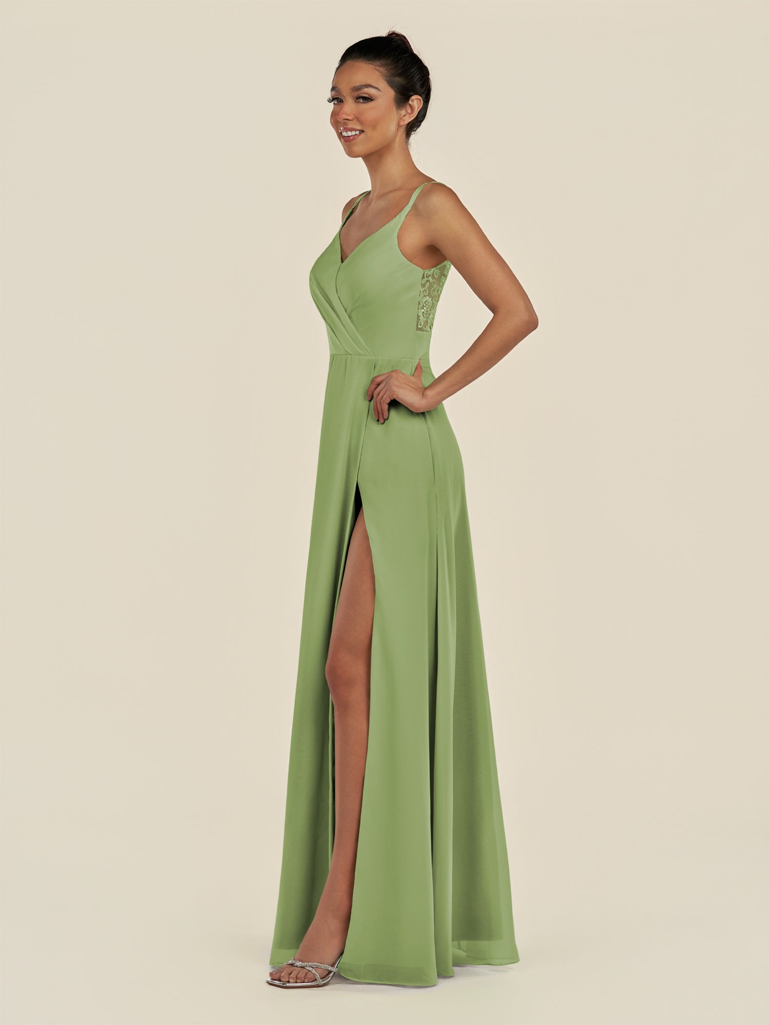 KissDress-Zyria Matcha A Line Chiffon V Neck Ruched Long Bridesmaid Dress with Slit