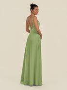 KissDress-Zyria Matcha A Line Chiffon V Neck Ruched Long Bridesmaid Dress with Slit